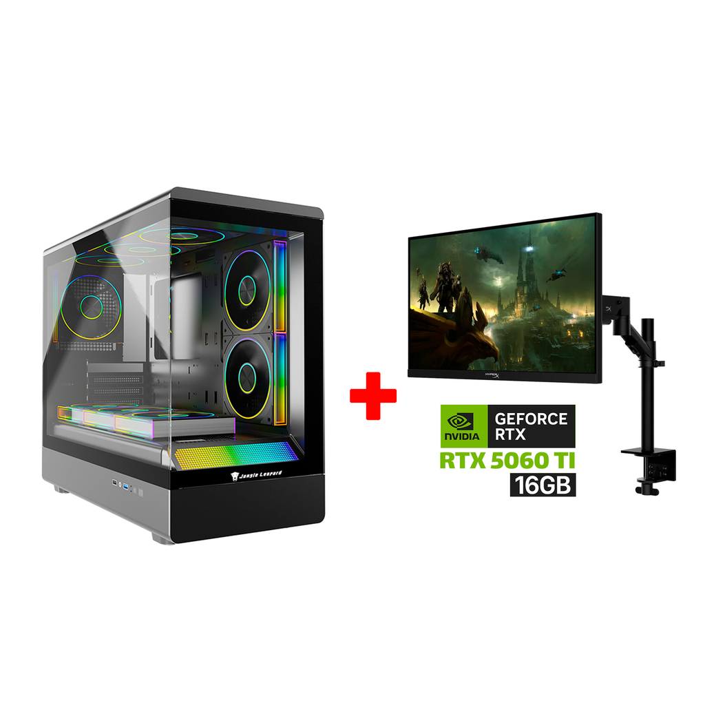 [NS031168] Gaming PC i5-14400F Processor, H610 D5 WIFI Motherboard, 16GB DDR5 RAM, 1TB NVMe SSD, RTX 5060 TI 16GB VGA, 750 WATT PSU, Jungle Leopard MS-01 Micro ATX Tower Case, Windows 11 Pro (License) + HyperX Armada 25" FHD 240Hz Gaming Monitor