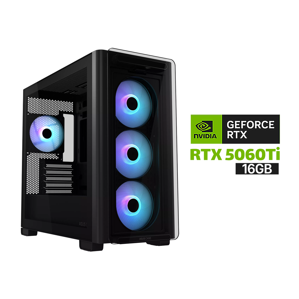 [NS030205] Gaming PC i5-14400F Processor, H610M DDR5 Motherboard, 16GB DDR5 RAM, 1TB NVMe SSD, RTX 5060 Ti 16GB VGA, 750 WATT PSU, Asus A23 Plus Mid Tower Front Side & Left Side, USB Wi-Fi Adapter, Windows 11 Pro (License)