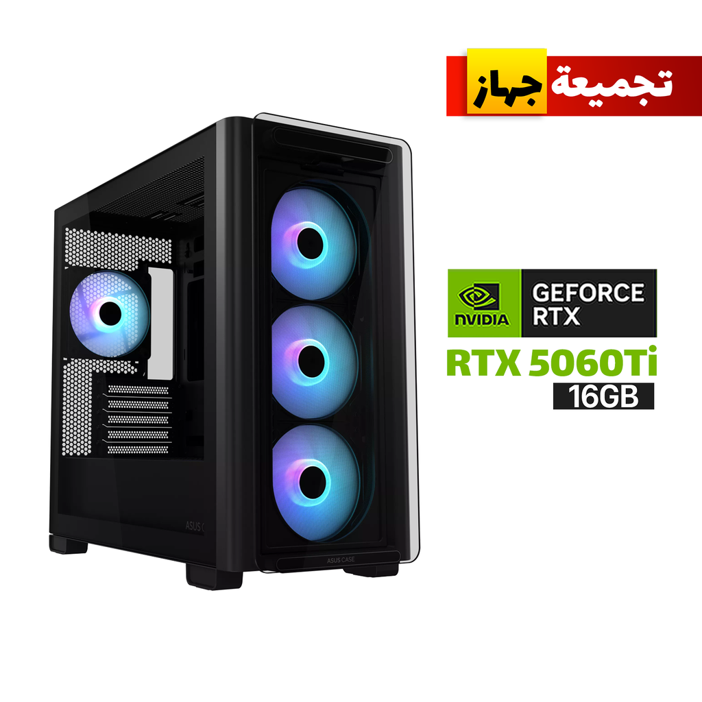 Gaming PC i5-14400F Processor, H610M DDR5 Motherboard, 16GB DDR5 RAM, 1TB NVMe SSD, RTX 5060 Ti 16GB VGA, 750 WATT PSU, Asus A23 Plus Mid Tower Front Side & Left Side, USB Wi-Fi Adapter, Windows 11 Pro (License)
