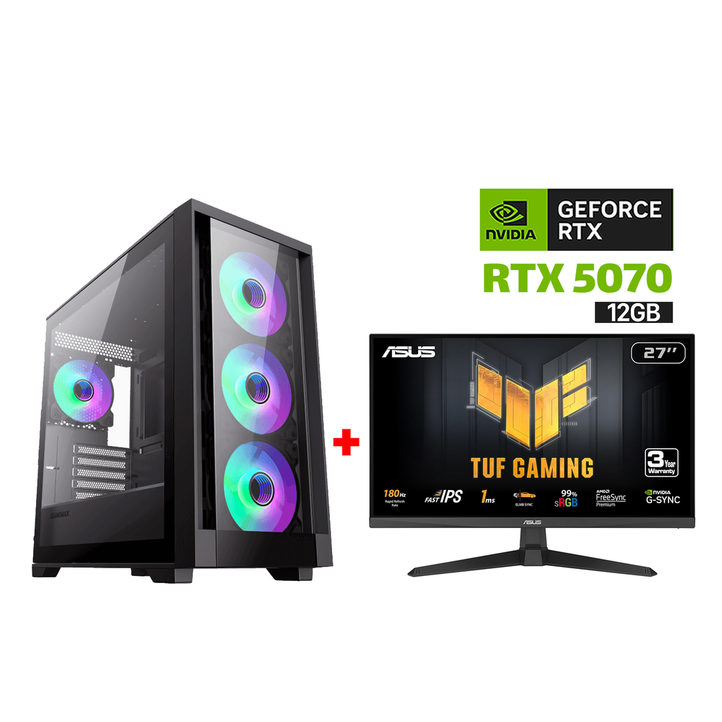 [NS028313] Gaming PC i5-14400F Processor, MSI BOMBER B760 WIFI D5 Motherboard, 32GB RAM DDR5, 1TB SSD NVME, RTX 5070 12GB VGA, 850 WATT PSU, AZZA L240 Liquid Cooler ,GameMax Defender TG Mid Tower Case, Windows 11 Pro (License) + Asus TUF Gaming 27" FHD Monitor