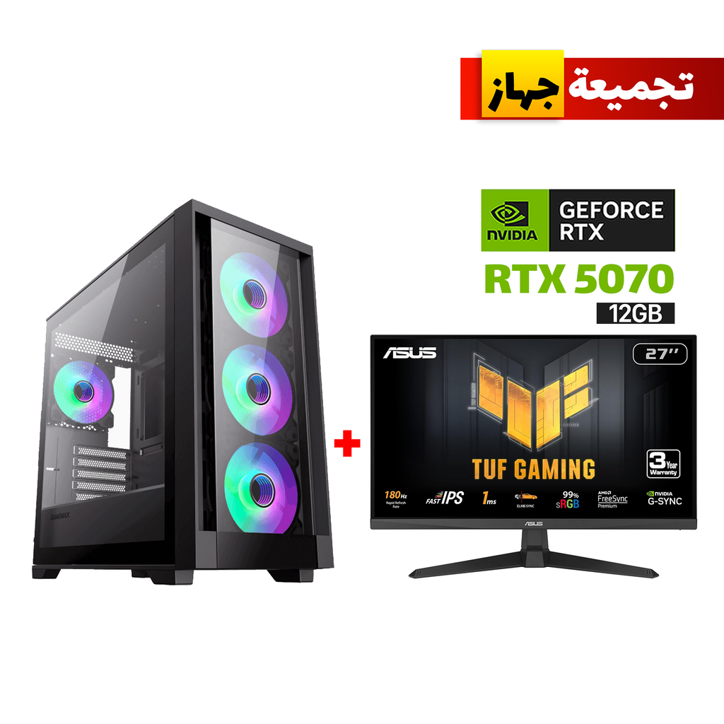 Gaming PC i5-14400F Processor, MSI BOMBER B760 WIFI D5 Motherboard, 32GB RAM DDR5, 1TB SSD NVME, RTX 5070 12GB VGA, 850 WATT PSU, AZZA L240 Liquid Cooler ,GameMax Defender TG Mid Tower Case, Windows 11 Pro (License) + Asus TUF Gaming 27" FHD Monitor