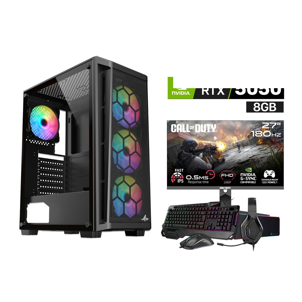 Gaming PC i5-14400F, H610 D4 Motherboard, 16GB D4 RAM, 1TB NVMe SSD, RTX 5050 8GB VGA, 750 WATT PSU, Sharx Razorfin R-200 Case, 4 RGB Fans, USB Wi-Fi Adapter, Windows 11 Pro (License) Gameon Call Of Duty FHD Gaming Monitor + SharX Jaws JS4X1 Gaming Bundle