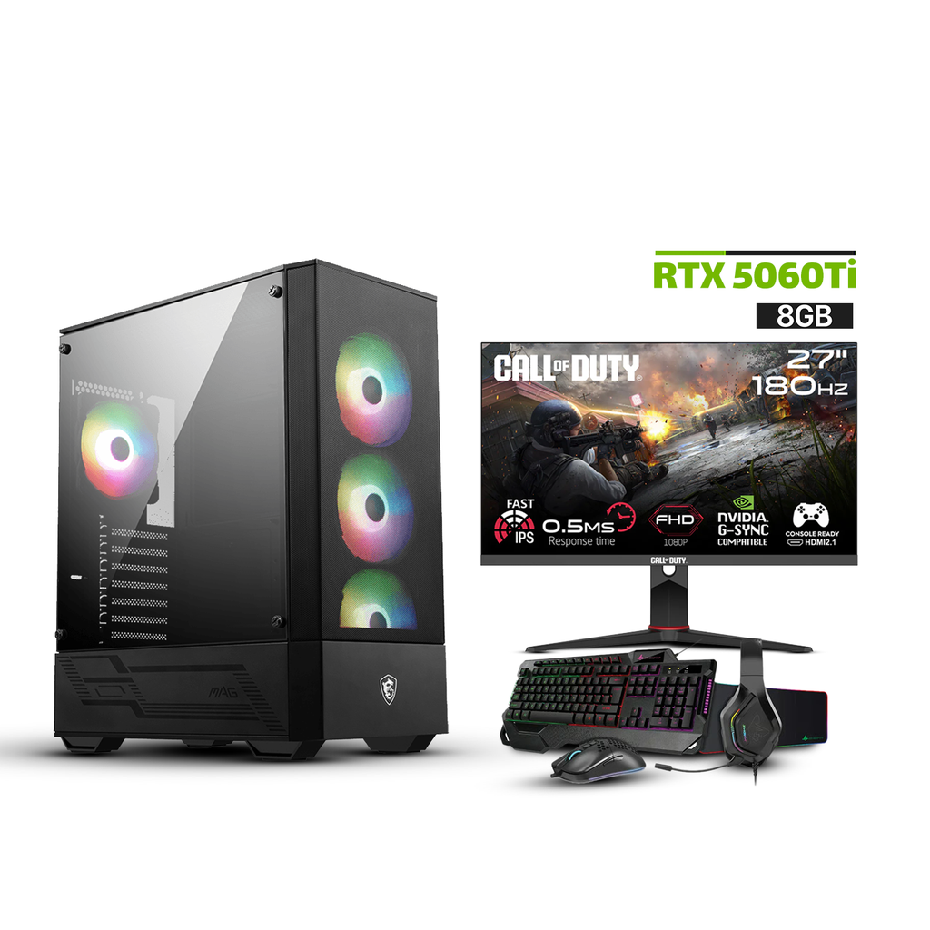 [NS030120] Gaming PC i5-14400F,H610 D5 Motherboard,16GB D5 RAM,1TB NVMe SSD,RTX 5060Ti 8GB,750 WATT PSU,MSI MAG Forge 112R Case,USB Wi-Fi Adapter,Win 11 Pro (License)+GAMEON Call Of Duty COD27FHD180IPS 27" FHD,180Hz,HDMI 2.1 Gaming Monitor+Sharx JS4X1 4in1 Bundle