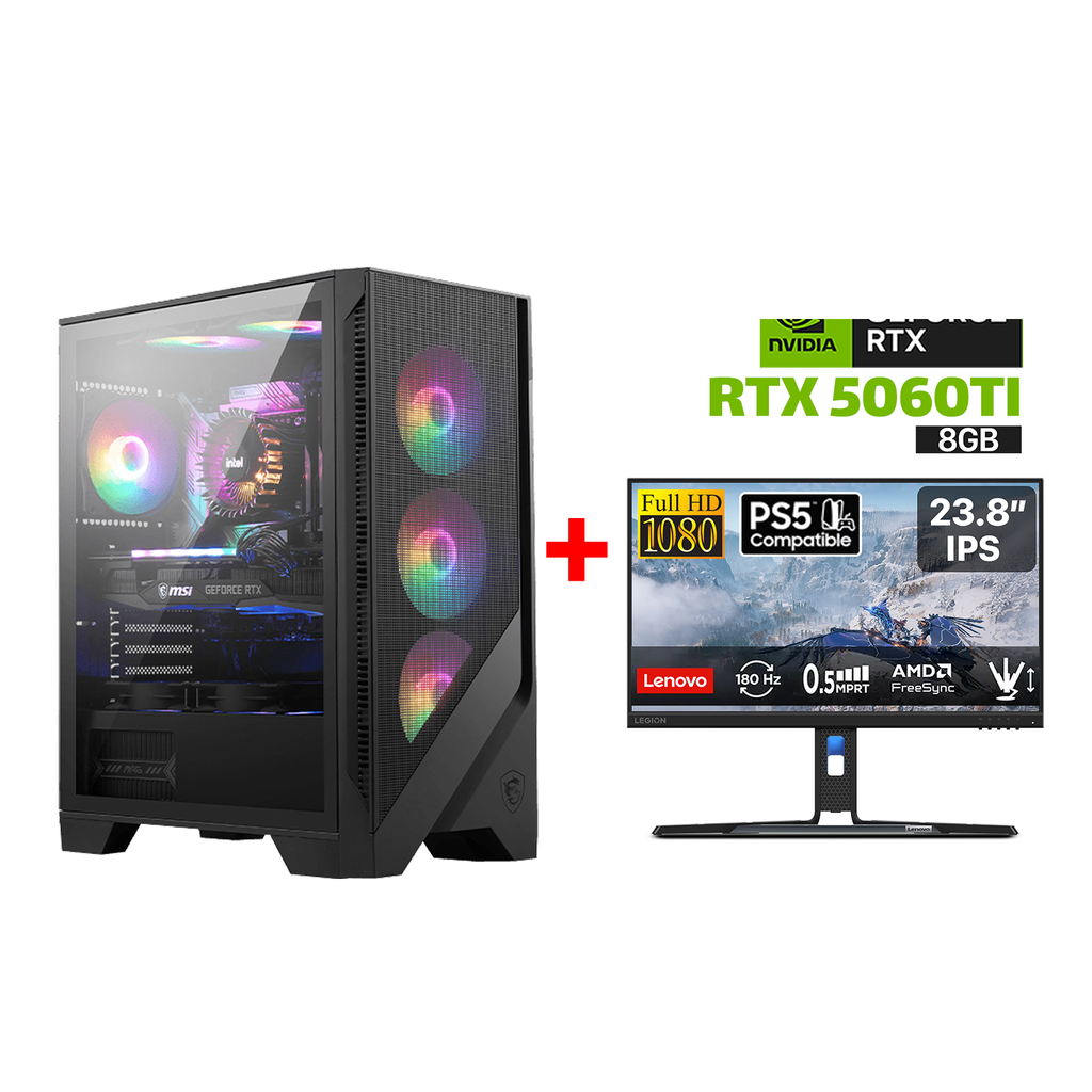 Gaming PC i7-12700F, MSI BOMBER B760 D5 WIFI Motherboard, 16GB D5 RAM, 1TB NVMe SSD, RTX 5060TI 8GB VGA, 750 WATT PSU, L240 Liquid Cooler, MSI MAG Forge 120A AirFlow Case, 6x RGB Fans, Win 11 Pro License + Lenovo Legion R24E 23.8" FHD Gaming Monitor