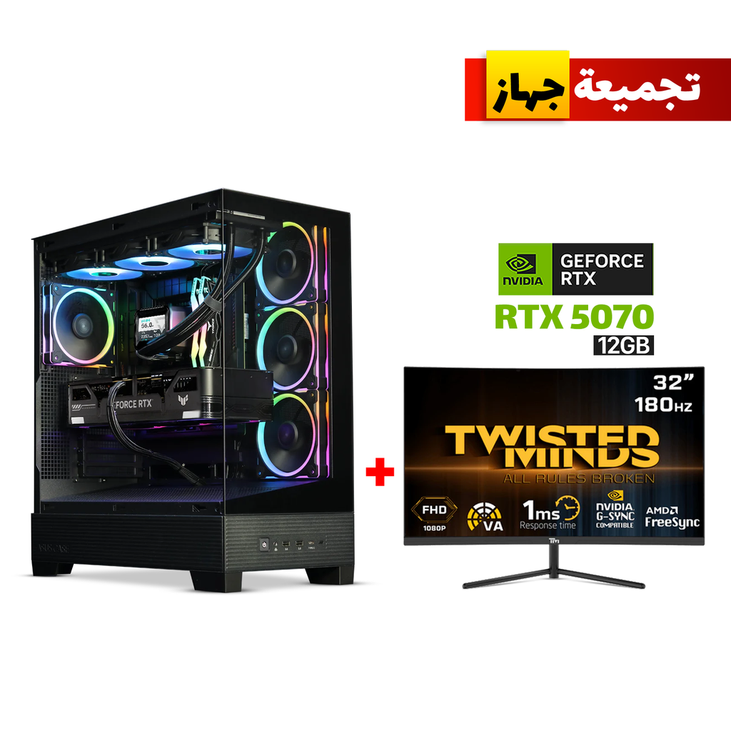 Gaming PC i7-14700F, GigaByte Z790 UD AC DDR5 WiFi MB, 32GB DDR5 RAM, 2TB NVMe SSD, ZOTAC RTX 5070 12GB VGA, AZZA L240 Liquid Cooler, 850 WATT GOLD PSU, Asus A31 Plus Mid Tower Case Black, Windows 11 Pro License, Twisted Minds 32" VA Curved Gaming Mo