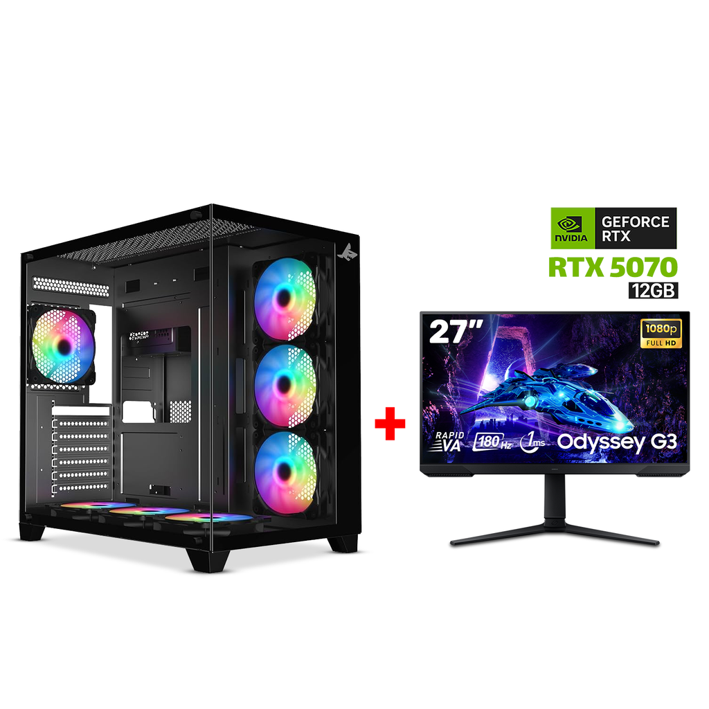 [NS028306] Gaming PC i7-14700F,GigaByte Intel B760M G AX WIFI DDR5 MB,32GB DDR5 (6000) RAM,1TB NVMe SSD,RTX 5070 12GB VGA,850 Watt GOLD PSU,AZZA L240 Liquid Cooler,Sharx Profin XI700B Case Black,Win 11 Pro License,Samsung Odyssey G3 27" VA FHD 180Hz Gaming Monitor