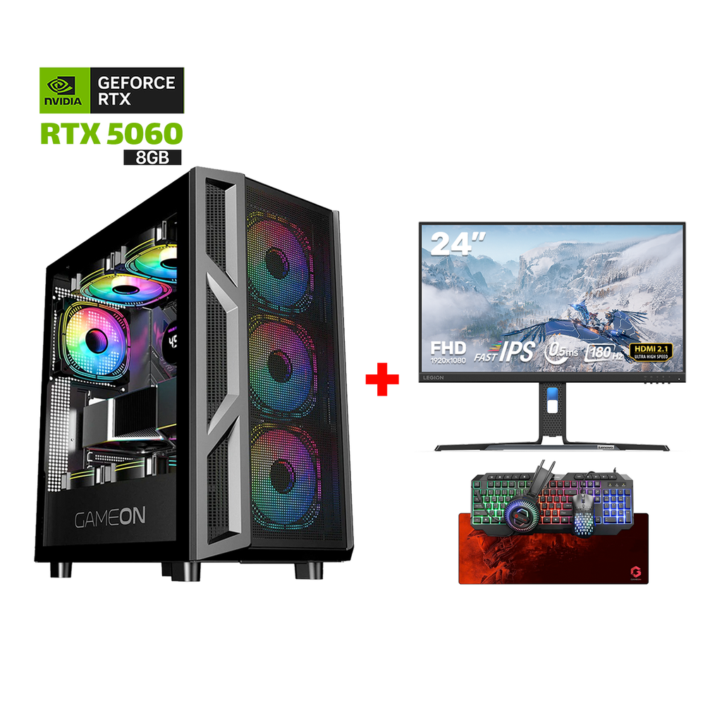 [NS029359] Gaming PC Intel Core i5-12400F,H610 D4 Motherboard,16GB Ram D4,1TB SSD NVME,RTX 5060 8GB VGA,750 WATT PSU,GameOn Trident Case,Win 11 Pro+Lenovo Legion R24E 24” FHD 180Hz HDMI 2.1 Gaming Monitor + Gameon All-In-One Keyboard,Headset,Mouse,Mousepad Bundle