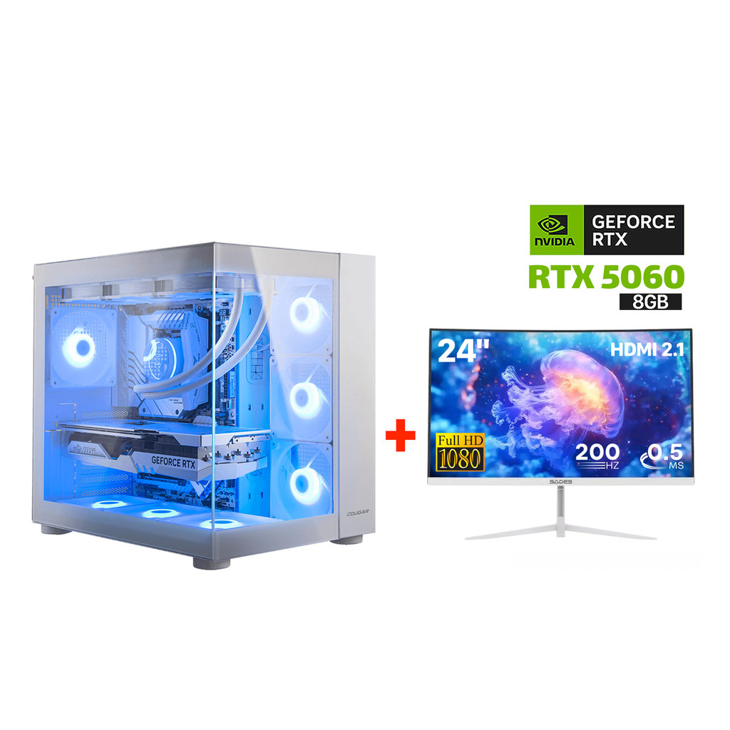 Gaming PC Intel Core i5-14400F,H610 D5 Motherboard,16GB D5 RAM,1TB NVME SSD,RTX 5060 8GB VGA White,700 WATT PSU,Cougar FV150 RGB Mid Tower Case White,4x Pre-Installed RGB Fans,Win 11 Pro (License)+Sades 24" FHD 200Hz HDMI 2.1 Curved Gaming Monitor