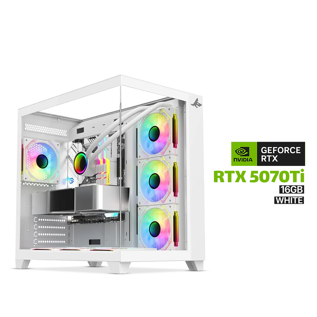 Gaming PC Ryzen 7 9800X3D, ASUS ROG STRIX B850-A WiFi D5 MB, 32GB DDR5 (6000) White RAM, 2TB NVMe Gen-4 SSD, Zotac RTX 5070 Ti 16GB White VGA, 850 WATT GOLD PSU, L360 Liquid Cooler White, Sharx Profin GX700 Mid Tower Case White, Windows 11 Pro License