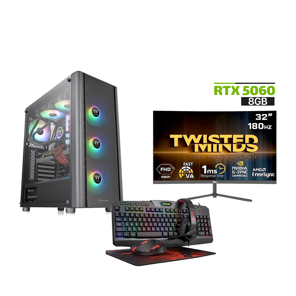 Gaming PC Ultra 5 225F CPU,ASUS H810 WIFI Motherboard,16GB RAM D5,1TB SSD NVME,RTX 5060 8GB VGA,750 WATT PSU,Thermaltake V250 TG Case 3-ARGB Fans,Win 11 Pro (License)+Twisted Minds 32" FHD 180Hz Curved Gaming Monitor+Redragon 4-in-1 RGB Wired Gaming Set