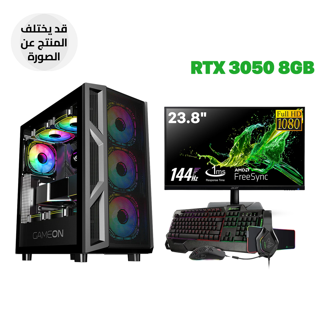 Gaming PC – Intel Core i5-12400F, H610 DDR4 Motherboard, 16GB RAM, 1TB NVMe SSD, RTX 3050 8GB GPU, 650W PSU, GameOn Trident IV-M PowerForge Case 4x ARGB Fans, WiFi Adapter, Windows 11 Pro + SharX Jaws 4-in-1 Bundle + Acer 23.8" 144Hz Monitor