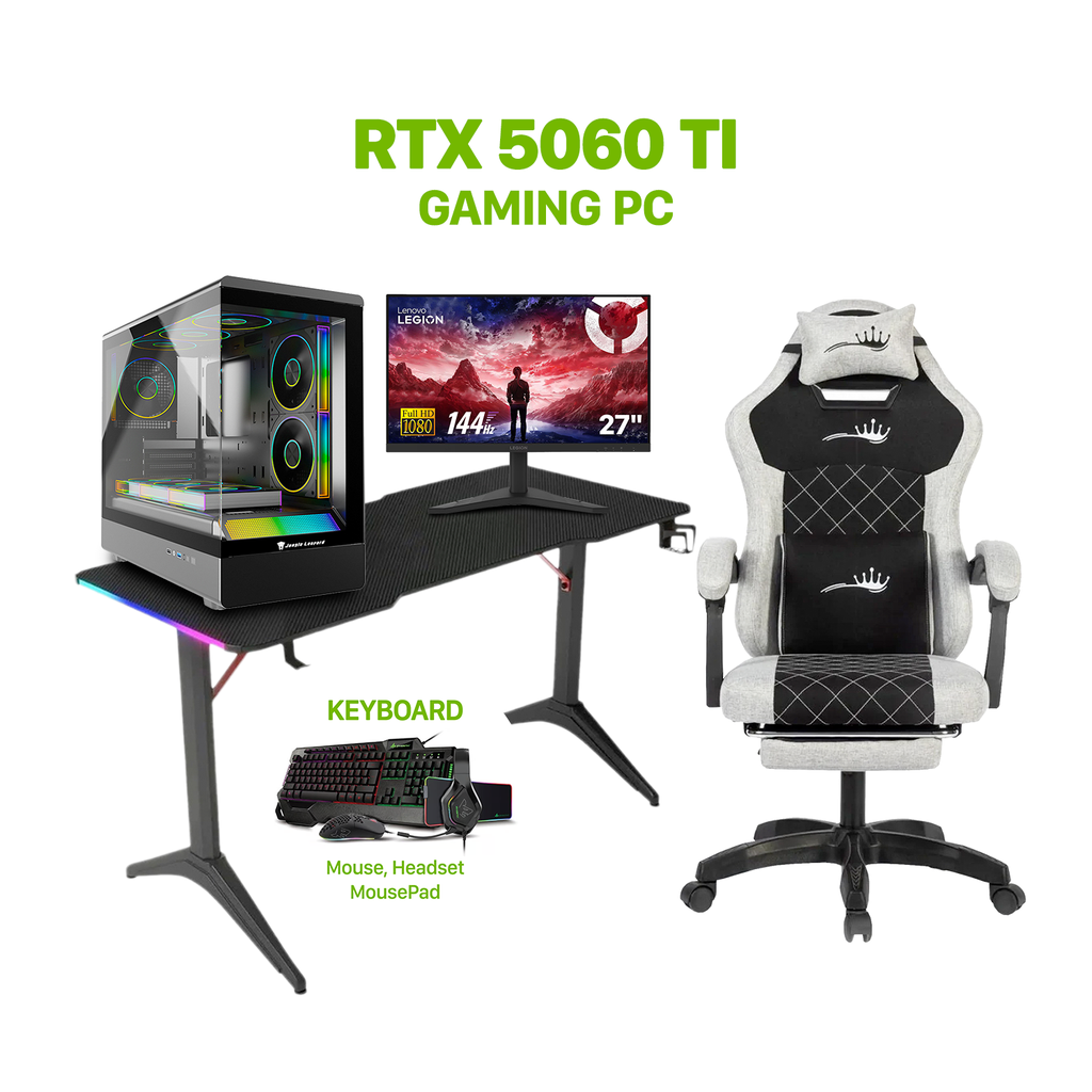 Gaming PC – Intel Core i5-14400F, ASUS H610 D5 WiFi, 16GB D5 RAM, 1TB NVMe SSD, RTX 5060 Ti 16GB, 750W PSU, Jungle Leopard mATX Case with 3 ARGB Fans, Windows 11 Pro, Lenovo 27" 144Hz Monitor, SharX JS4X1 Bundle, Royal RGB Desk & Royal C23 Gaming Chair