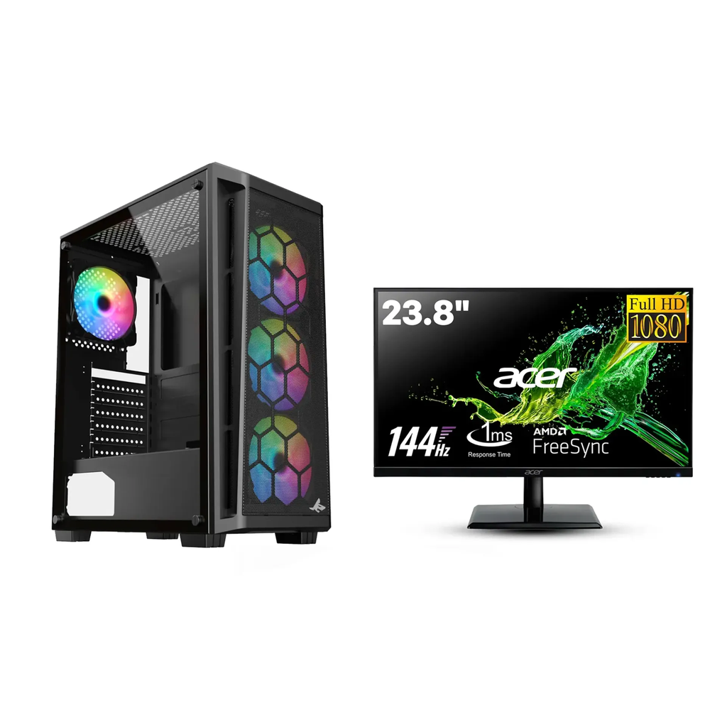 [NS031076] Gaming PC – Intel i5-12400F Processor, H610 D4 Motherboard, 16GB DDR4 RAM, 1TB NVMe SSD, RTX 3050 6GB GPU, 650W PSU, Sharx Razorfin ATX Case 4x RGB Fans, USB WiFi, Windows 11 Pro, Acer 24" 144Hz Monitor