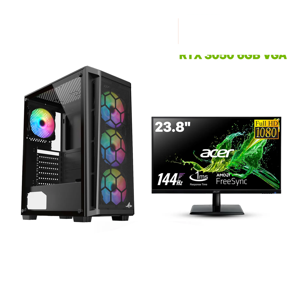 Gaming PC – Intel i5-12400F Processor, H610 D4 Motherboard, 16GB DDR4 RAM, 1TB NVMe SSD, RTX 3050 6GB GPU, 650W PSU, Sharx Razorfin ATX Case 4x RGB Fans, USB WiFi, Windows 11 Pro, Acer 24" 144Hz Monitor