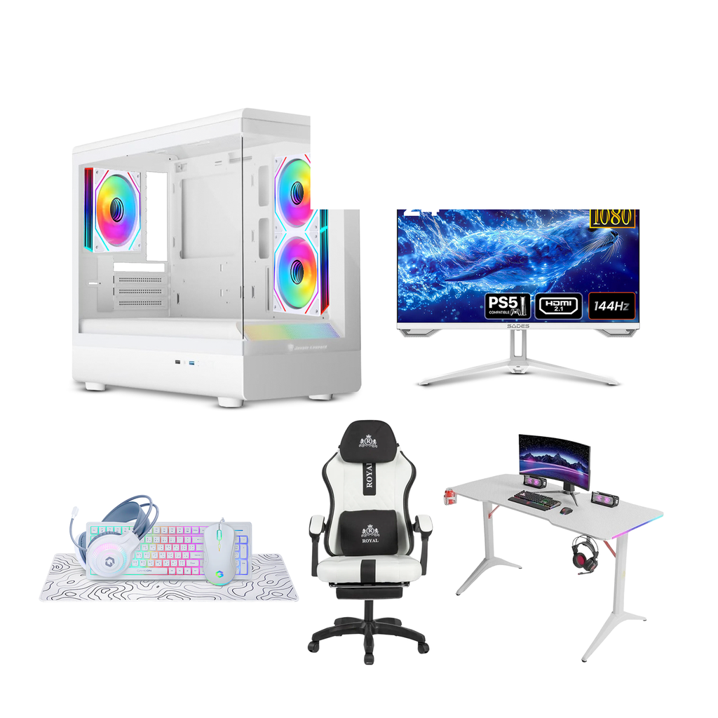Gaming PC – Intel i5-14400F, ASUS H610 D5 WiFi, 16GB DDR5, 1TB NVMe SSD, RTX 5060 8GB White, 650W PSU, Jungle Leopard MS-01 mATX White Case 3x ARGB Fans, Win 11 Pro, Sades 24" 144Hz Monitor, Royal RGB Desk & C23 Chair White, GameOn Wired Bundle