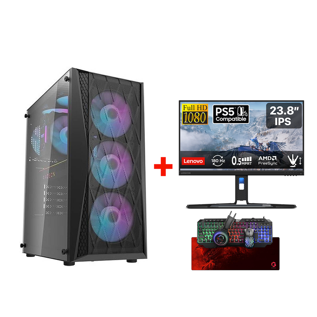 [NS029373] Gaming PC,i5-13400F CPU,H610 D4 Motherboard,16GB RAM D4,1TB SSD NVME,RTX 3050 6GB VGA,700 WATT PSU,DarkFlash DK352 ATX Mid Tower Case,4x ARGB Fans,Win 11 Pro+Lenovo Legion R24E 23” FHD Gaming Monitor+Gameon All-In-One Wired Keyboard,Headset,Mouse,Mousepad