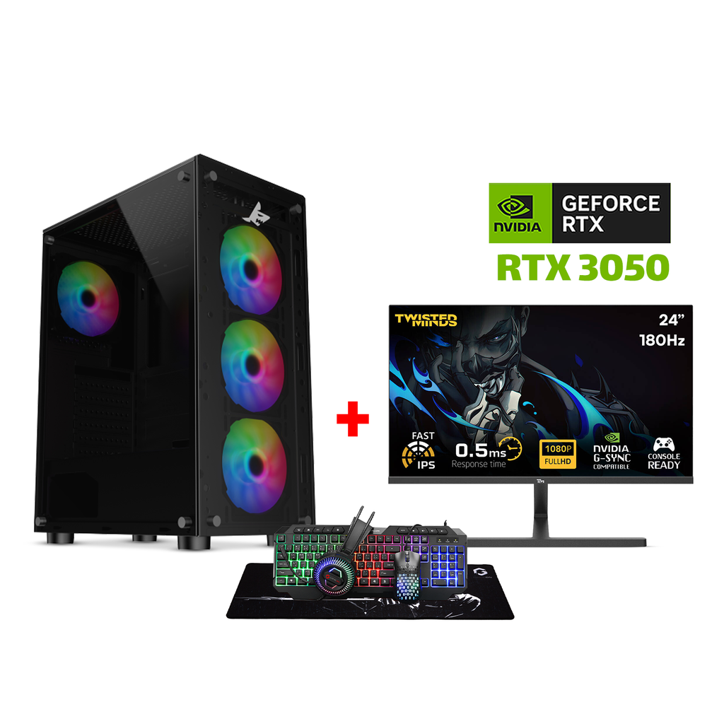 Gaming PC i5-12400F, H610 Motherboard,16GB RAM DDR4,1TB NVMe SSD,RTX 3050 6GB VGA,650 WATT PSU,Sharx Zephyr Mid Tower Case,USB Wi-Fi Adapter,Windows 11 Pro (License),Twisted Minds 24" IPS 180Hz 0.5ms FHD Monitor, Gameon Cypher XL All-In-One Bundle