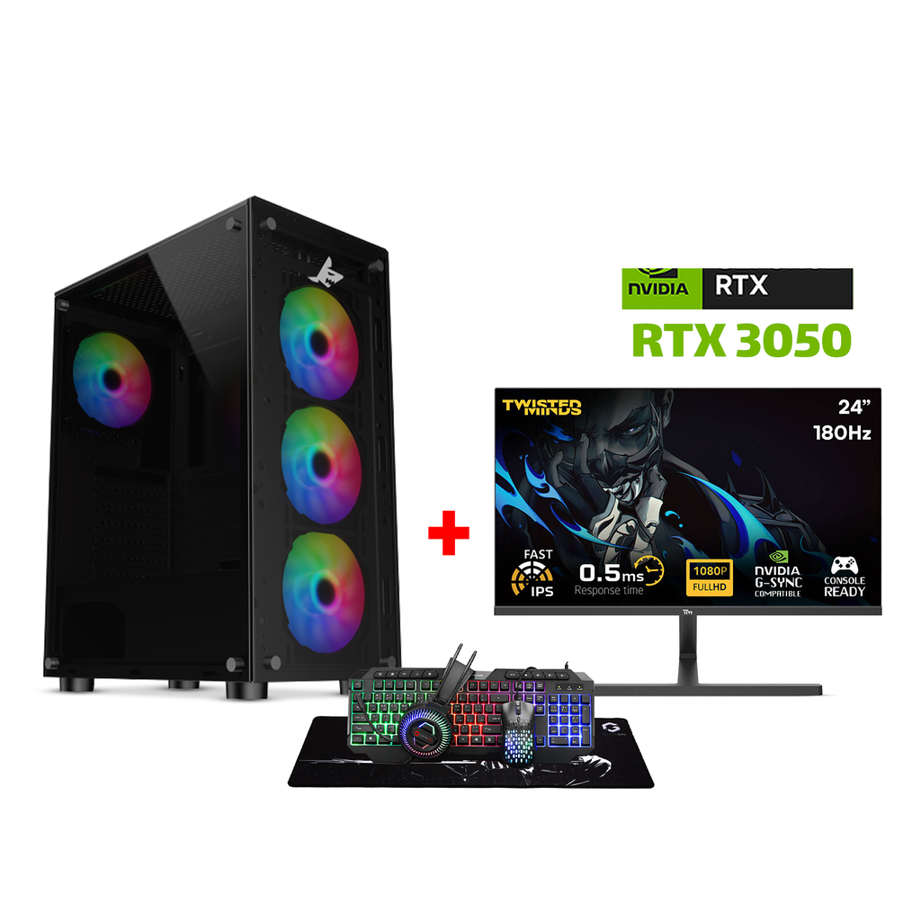 [NS026562] Gaming PC i5-12400F, H610 Motherboard,16GB RAM DDR4,1TB NVMe SSD,RTX 3050 6GB VGA,650 WATT PSU,Sharx Zephyr Mid Tower Case,USB Wi-Fi Adapter,Windows 11 Pro (License),Twisted Minds 24" IPS 180Hz 0.5ms FHD Monitor, Gameon Cypher XL All-In-One Bundle