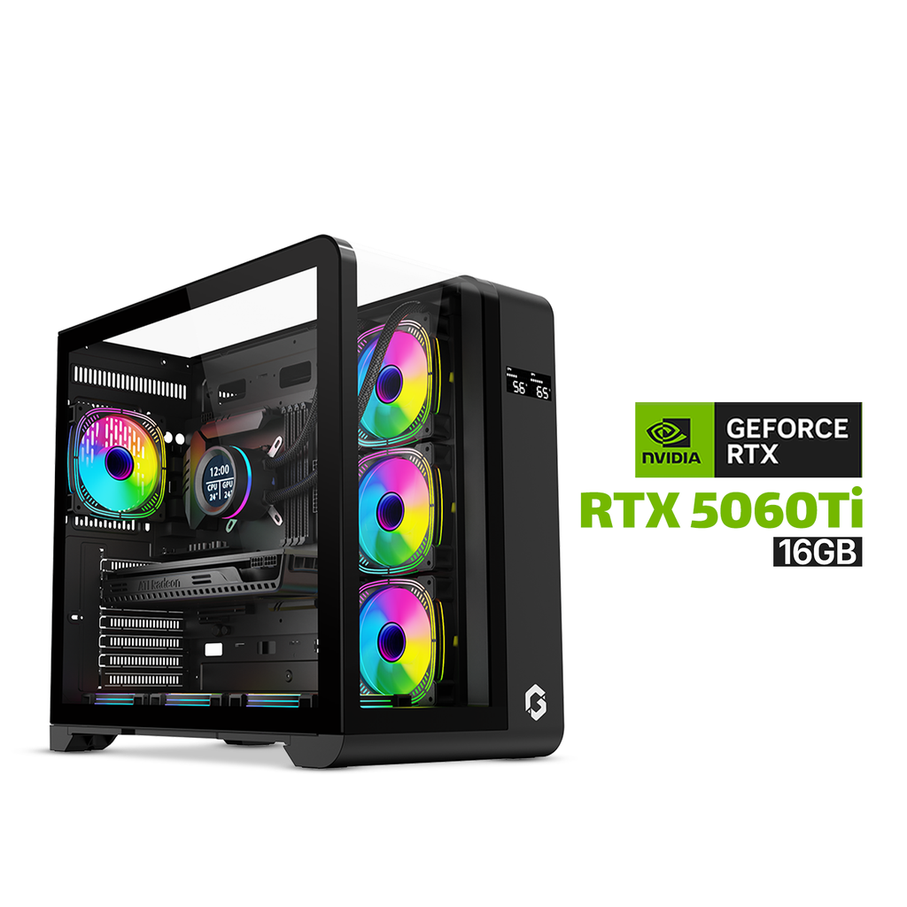 [NS029626] Gaming PC i7-13700F, GIGABYTE B760 D5 WiFi MB, 32GB DDR5 RAM, 1TB NVMe SSD, GeForce RTX 5060 Ti 16GB , AZZA L240 Liquid Cooler, 750 WATT GOLD PSU, GameOn Infinity Series Digital Display Screen Case, Windows 11 Pro License