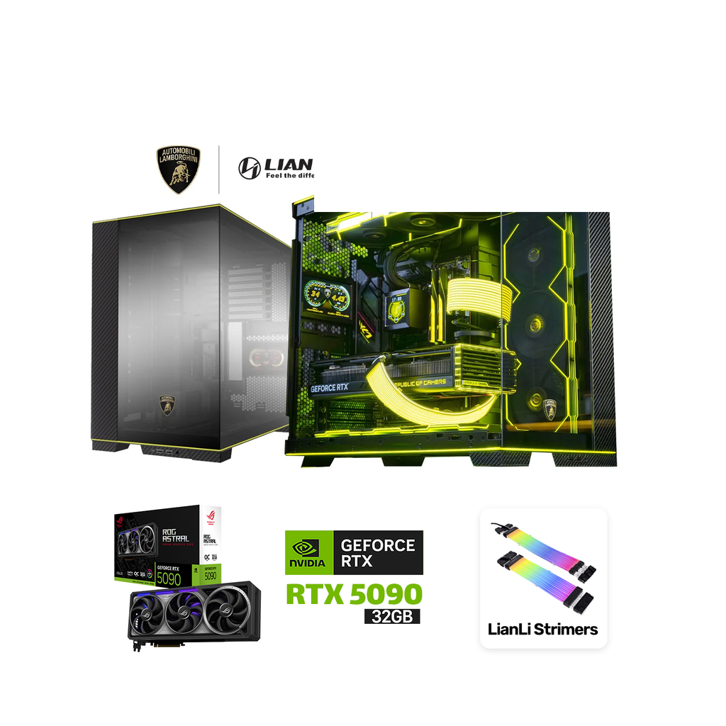i9-14900KS,ROG STRIX Z790 HERO,Dominator Platinum 128GB RAM(6400),SAMSUNG 990 PRO 4TB SSD,ASUS ROG ASTRAL RTX 5090,Rog Ryujin L360 Extreme Liquid Cooler,ROG Thor P2 1600W Gold PSU,Lian Li 6 LCD Fans,Lian Li O11D Evo Lamborghini Edition Case,Win 11 Pro