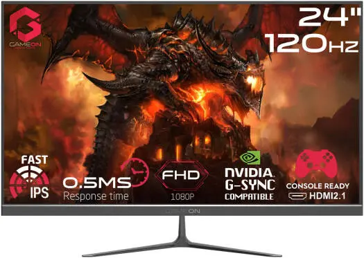 GAMEON Essential Series Gaming Monitor, 24" Inch FHD 120Hz IPS Display, 0.5ms Response Rate, HDMI 2.1, HDR10, FreeSync, Supports PS5, VESA Compatible, 2 x 3W Speakers, Black | GOES24FHD120IPS