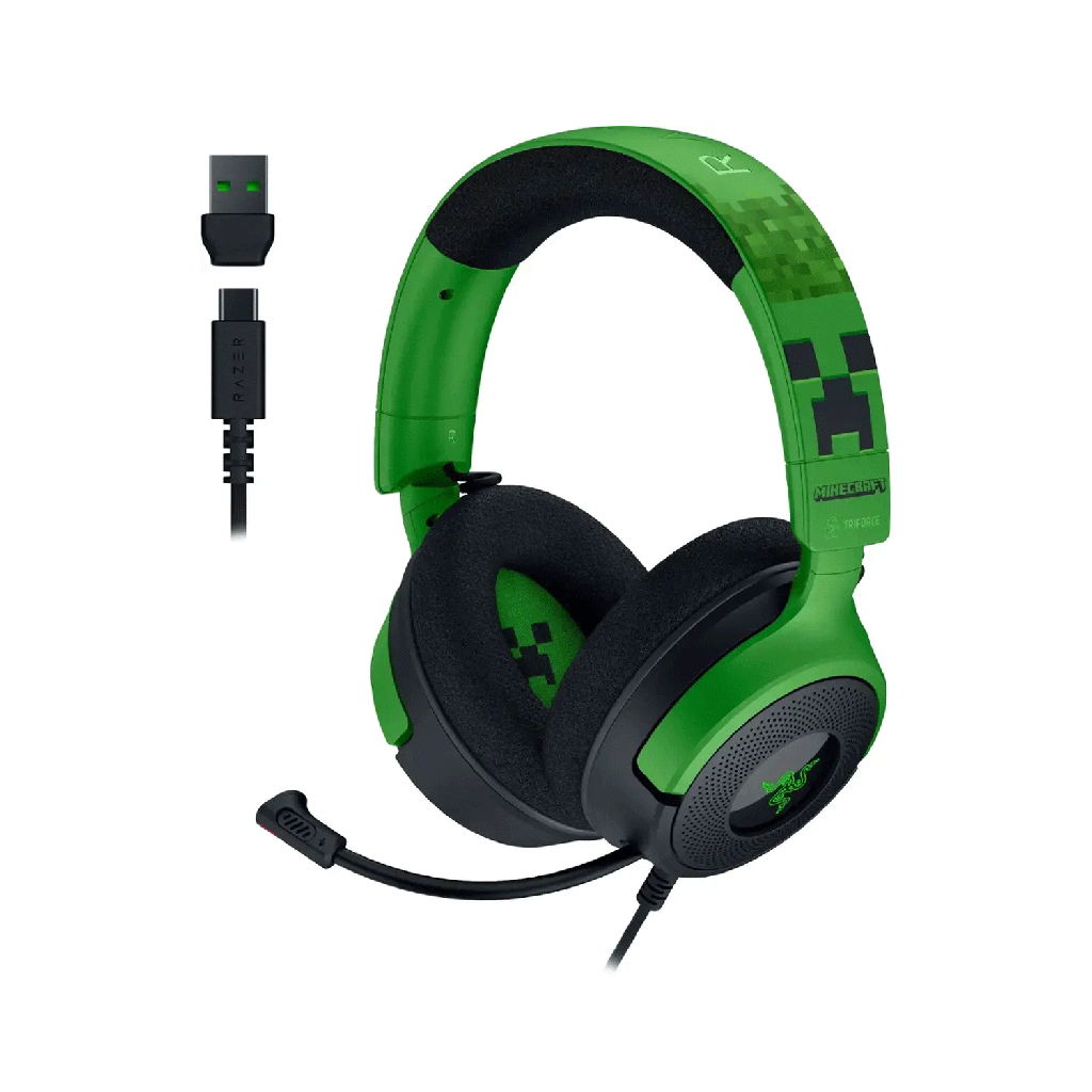 [NS028875] Razer Kraken V4 X Wired Gaming Headset: 40 mm Drivers, Cardioid Mic, Memory Foam Cushions, Chroma RGB Lighting, Type C & Type A Cable, for PC, Mac, PS5, Nintendo Switch - Minecraft Edition