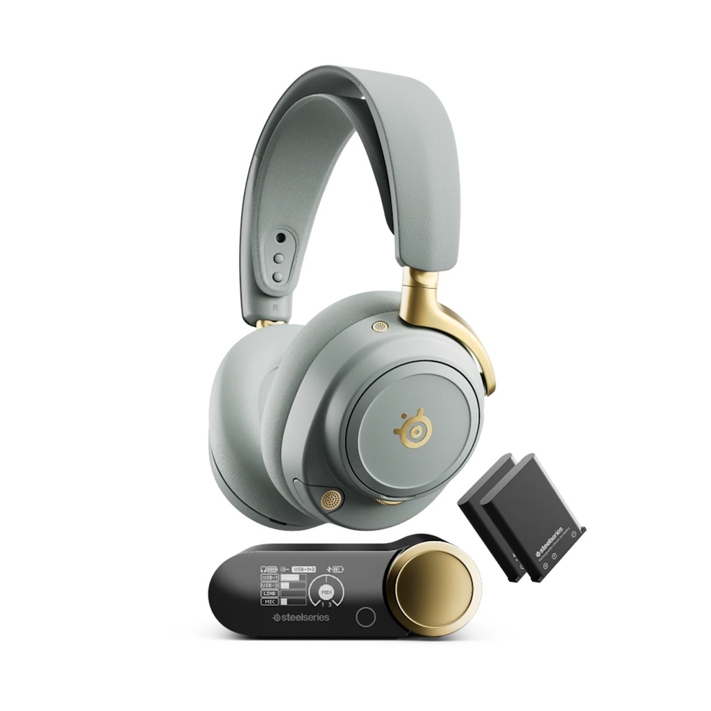 [NS031604] SteelSeries Arctis Nova Elite - Hi-Res Wireless Gaming Headset, 96kHz/24bit, Carbon Fiber Drivers, Active Noise Cancellation, Wireless/Bluetooth/Wired Connectivity, Multi-Source Mix, OmniPlay PC / PlayStation / Xbox, Sage Gold | 61663