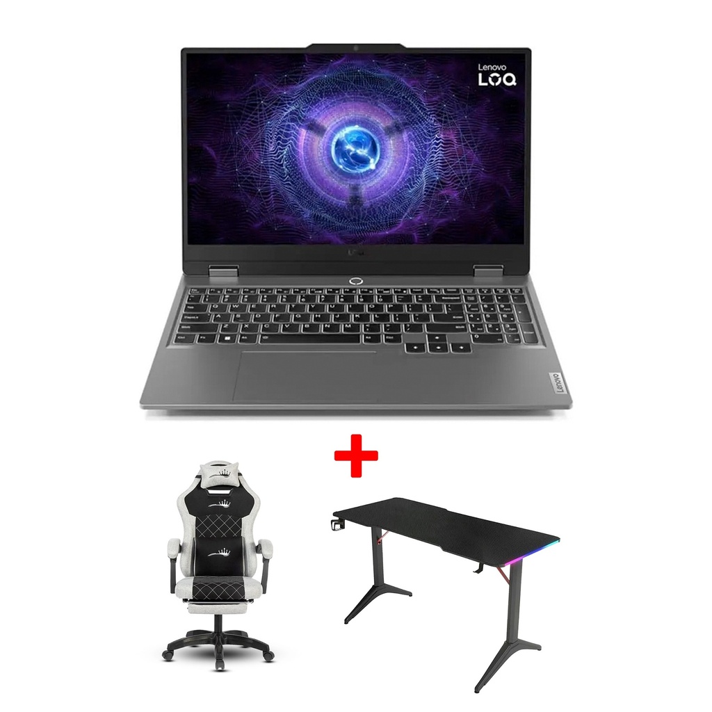 [NS031185] Lenovo LOQ 15IAX9 Gaming Laptop, Intel Core i5-12450HX, 12GB RAM, 512GB NVMe SSD, RTX 2050 4GB GPU, 15.6" FHD 144Hz IPS Display, White Backlit Keyboard, Windows 11 Pro, Luna Grey + Royal C23 Gaming Chair & Royal RGB Lighting Gaming Desk