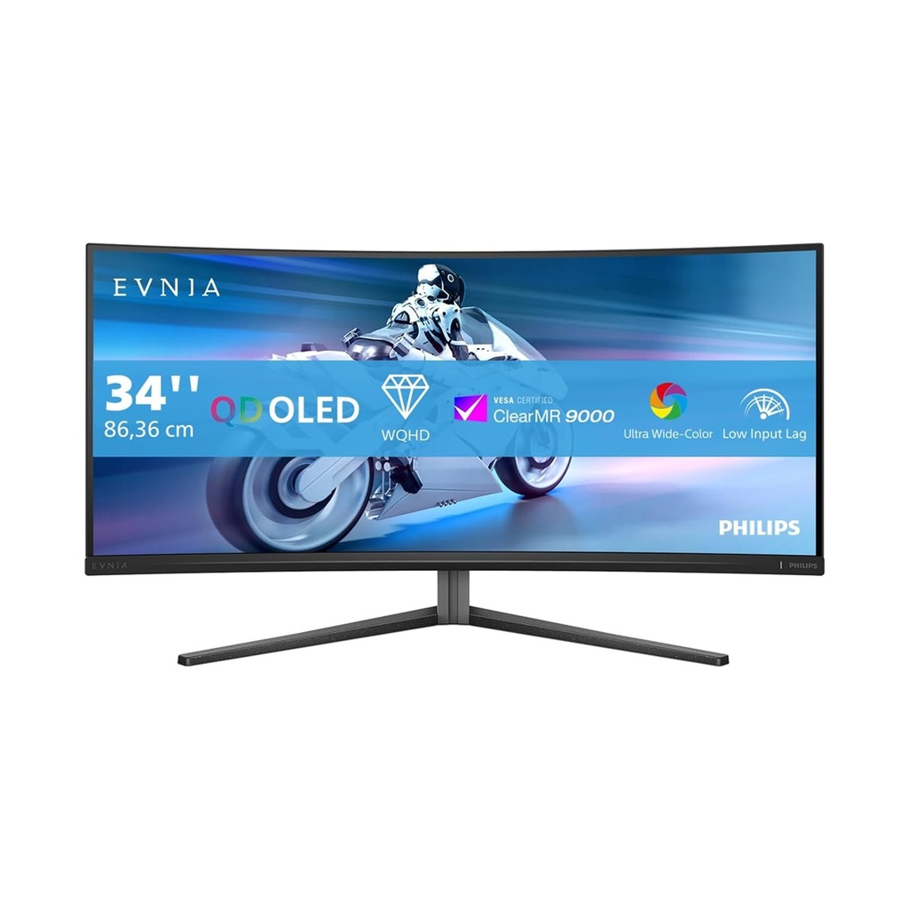[NS030832] Philips Evnia 34M2C6500 34" OLED Curved Gaming Monitor – WQHD 3440x1440, 175Hz, 0.03ms, HDR400, Ambiglow, FreeSync Premium Pro, G-Sync Compatible, HDMI, DP, USB Hub – Dark Gray