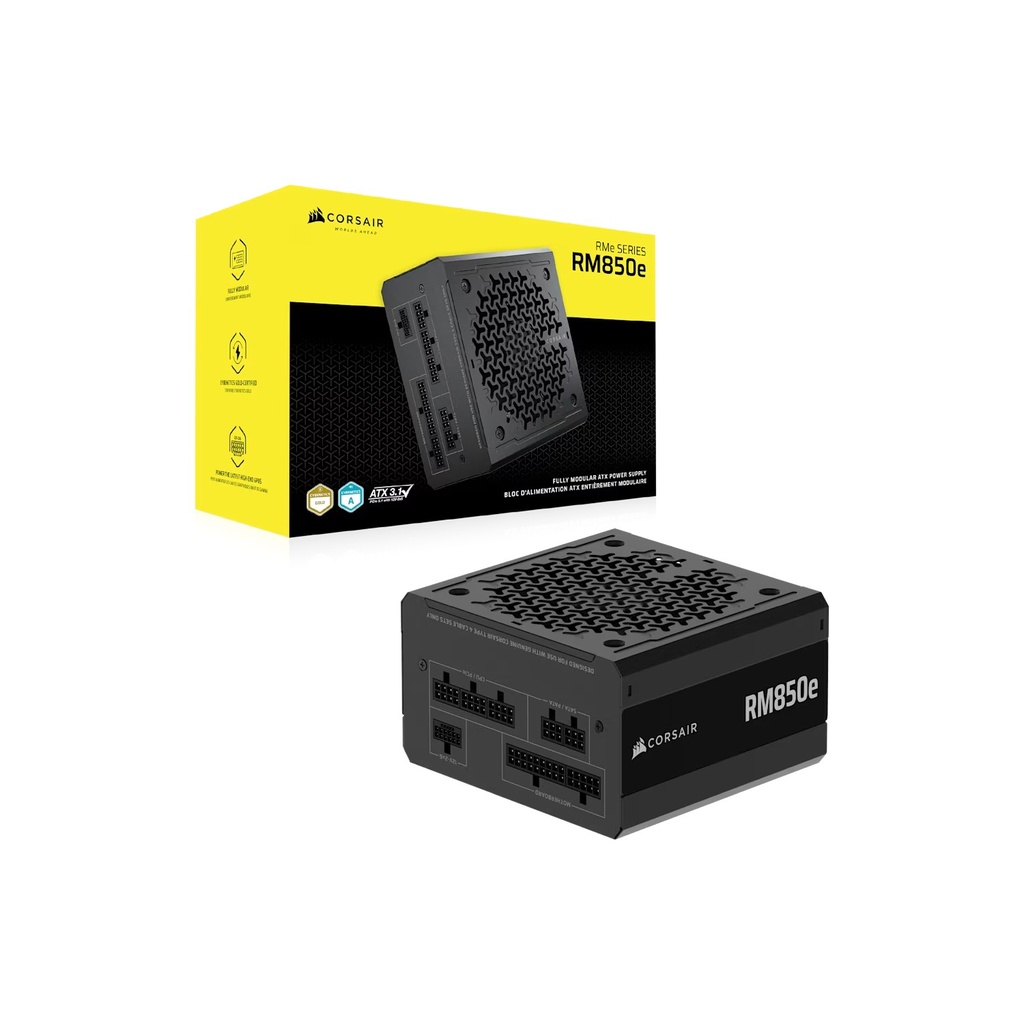 [NS030406] Corsair RMe Series RM850e Fully Modular Low-Noise ATX Power Supply, 850W Power, 80 PLUS Gold Efficiency, 120mm Rifle Bearing Fan, Zero RPM Fan Mode, ATX 3.1 Certified, Black | CP-9020296-UK