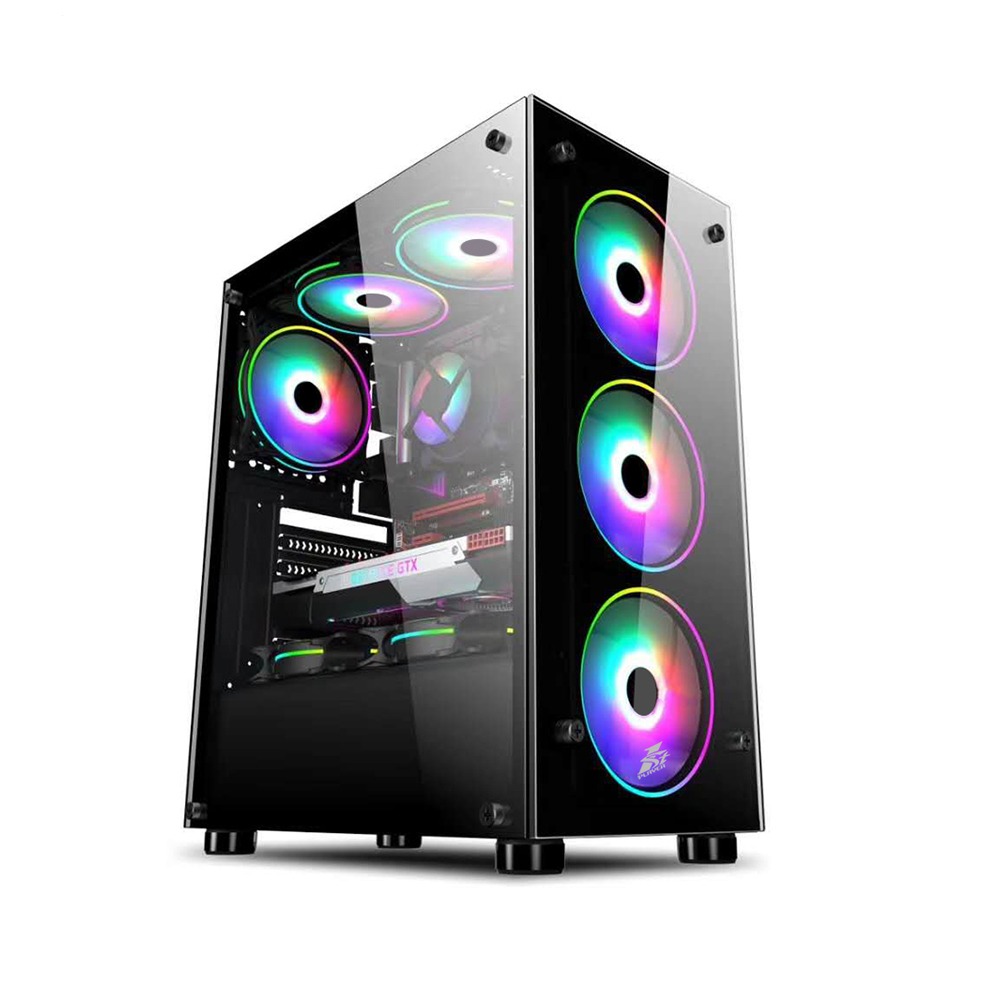 [NS012459] First Player Fire Dancing V3/A Mid-Tower Two Panel Front & Left Side Tempered Glass Case - Black