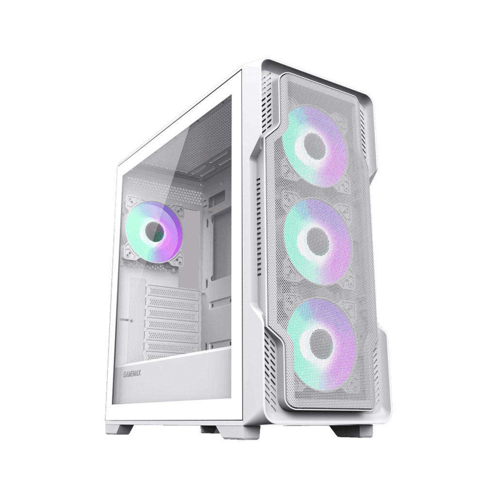 [NS012068] GameMax Siege E-ATX Full Tower Mesh Tempered Glass Side Panel Case with 4 RGB Fans - White