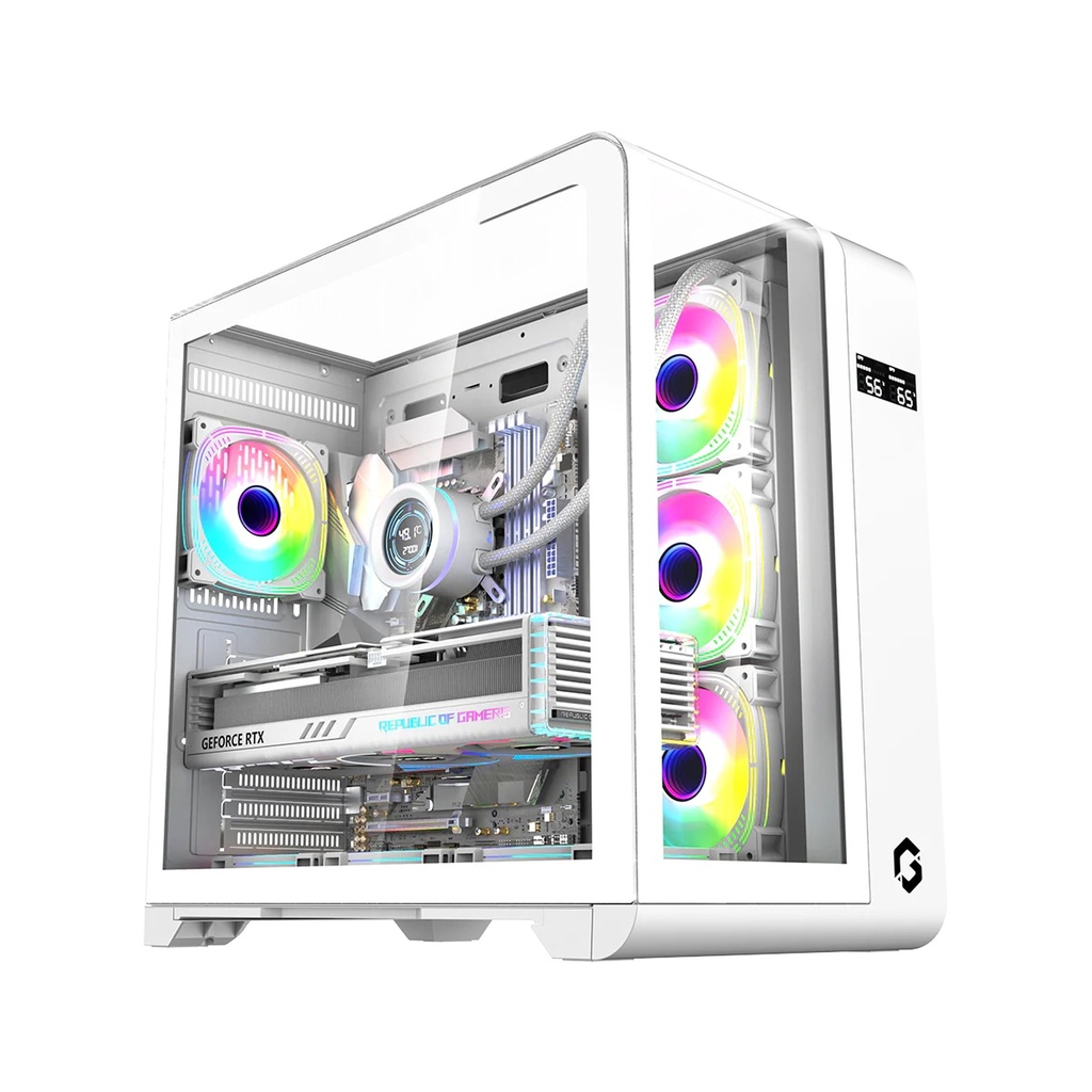 GameOn Infinity Series Digital Display Screen Mid Tower Three Panel Front,Top & Left Side Tempered Glass Case With 7 RGB Fans - White