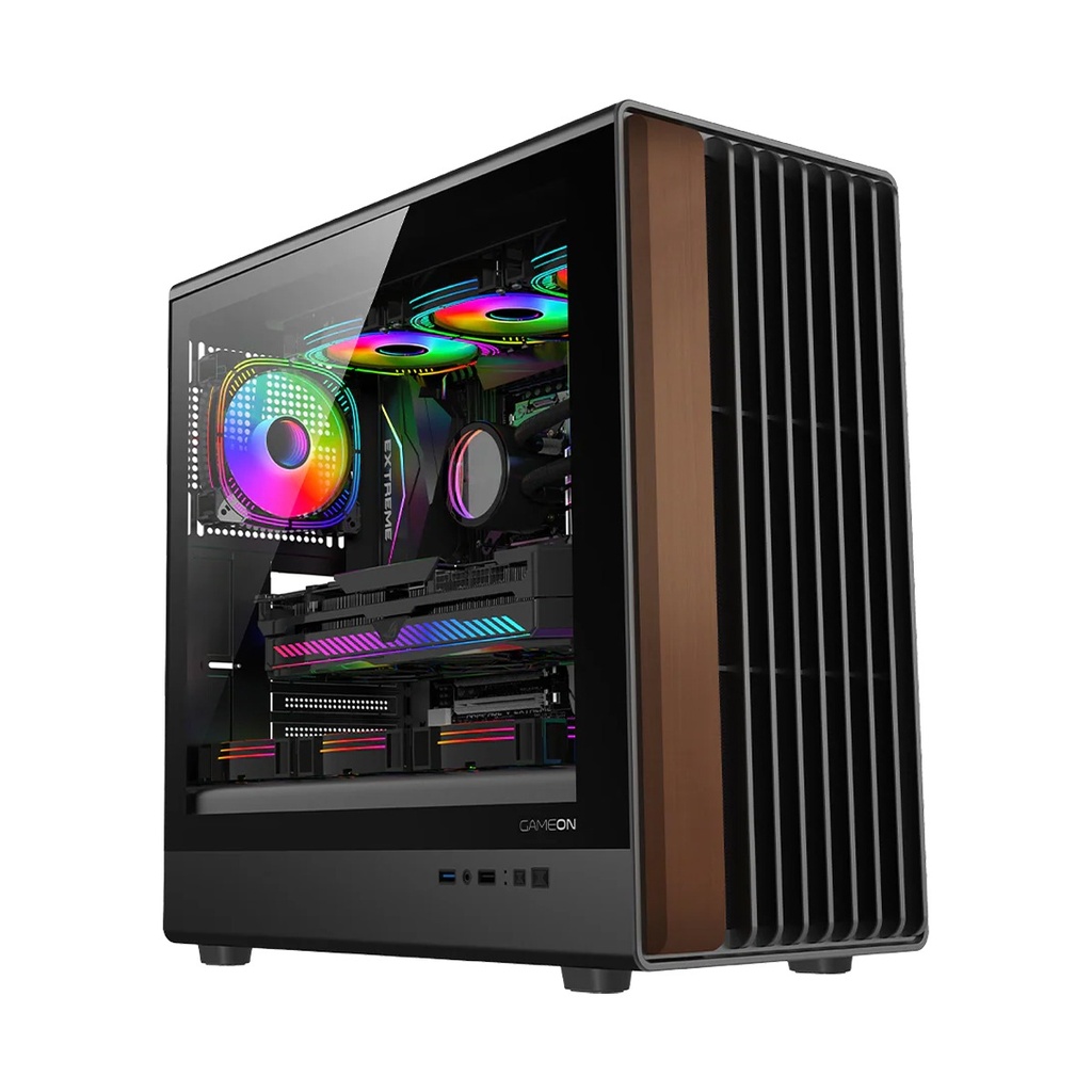 [NS031978] GameOn Timber Midnight Series ARGB + PWM Mid Tower Gaming Case With (7 Fans Included) - Wood/Black