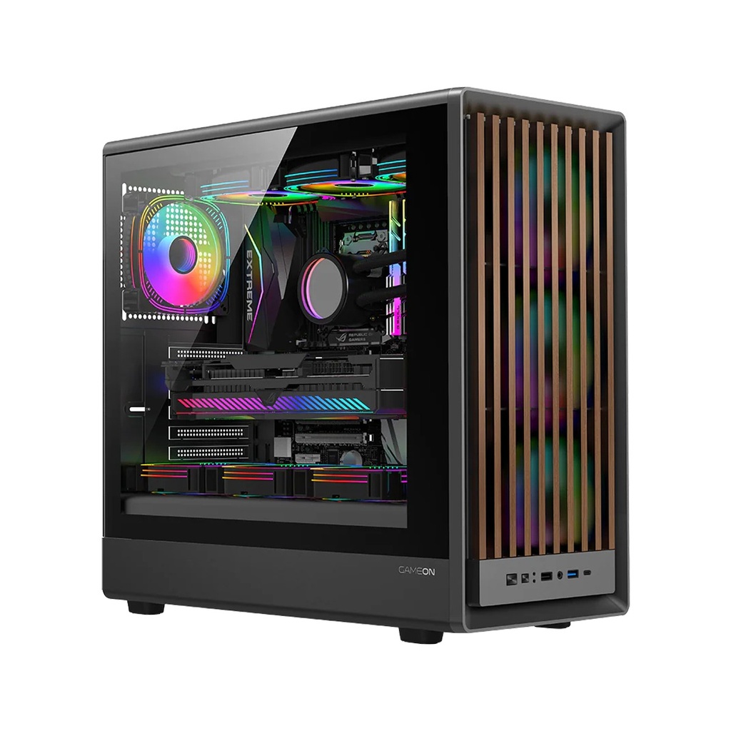 [NS031979] GameOn Timberi Midnight Series ARGB + PWM Mid Tower Gaming Case With (7 Fans Included) - Wood/Black