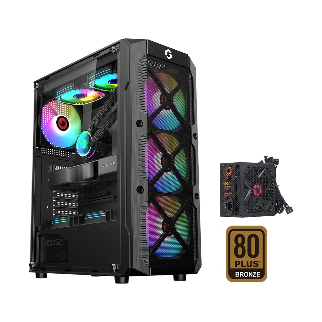 [NS031980] GameOn Trident III-M PowerForge Series Mid Tower Gaming Case With 750W Power Supply Pre-Installed (4 ARGB Fans Included) - Black