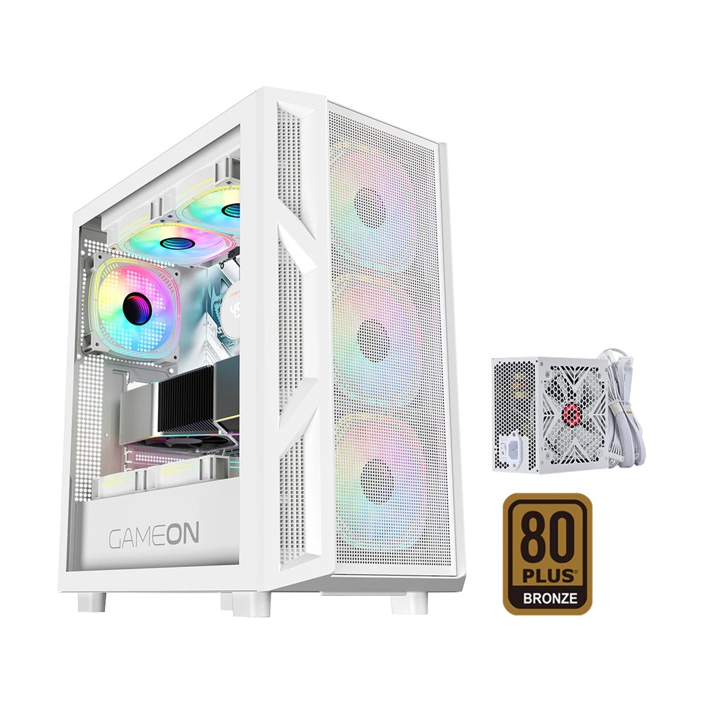 GameOn Trident IV-A PowerForge Series Mid Tower Gaming Case with 750W Power Supply Pre-Installed (4 ARGB Fans Included) - White