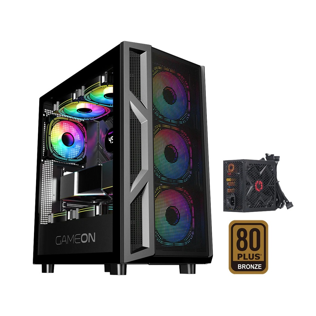 [NS031981] GameOn Trident IV-M PowerForge Series Mid Tower Gaming Case with 750W Power Supply Pre-Installed (4 ARGB Fans Included) - Black