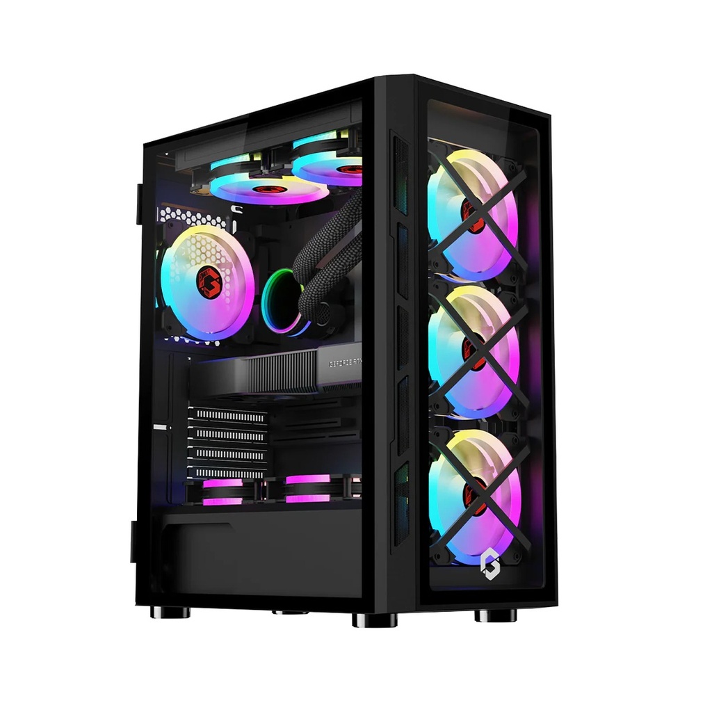 [NS028007] GameOn Trident Series Mid Tower Two Panel Front & Left Side Tempered Glass Case With 4 RGB Fans - Black
