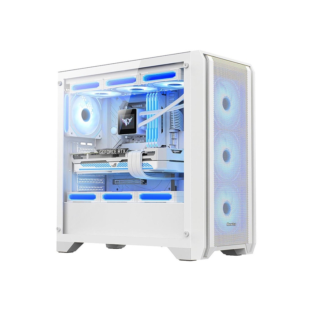 Huntkey GX750A Predator Mid Tower Case Tower Tempered Glass Side Panel Case With 4x ARGB Fans - White