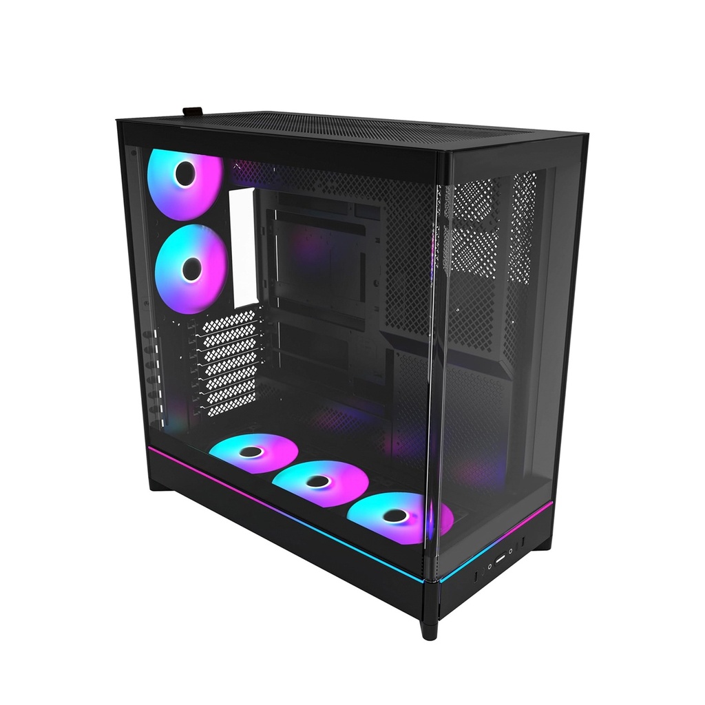 [NS030722] Montech HS02 Pro Mid Tower Two Panel Front & Left Side Tempered Glass Case with 5 ARGB Fans - Black