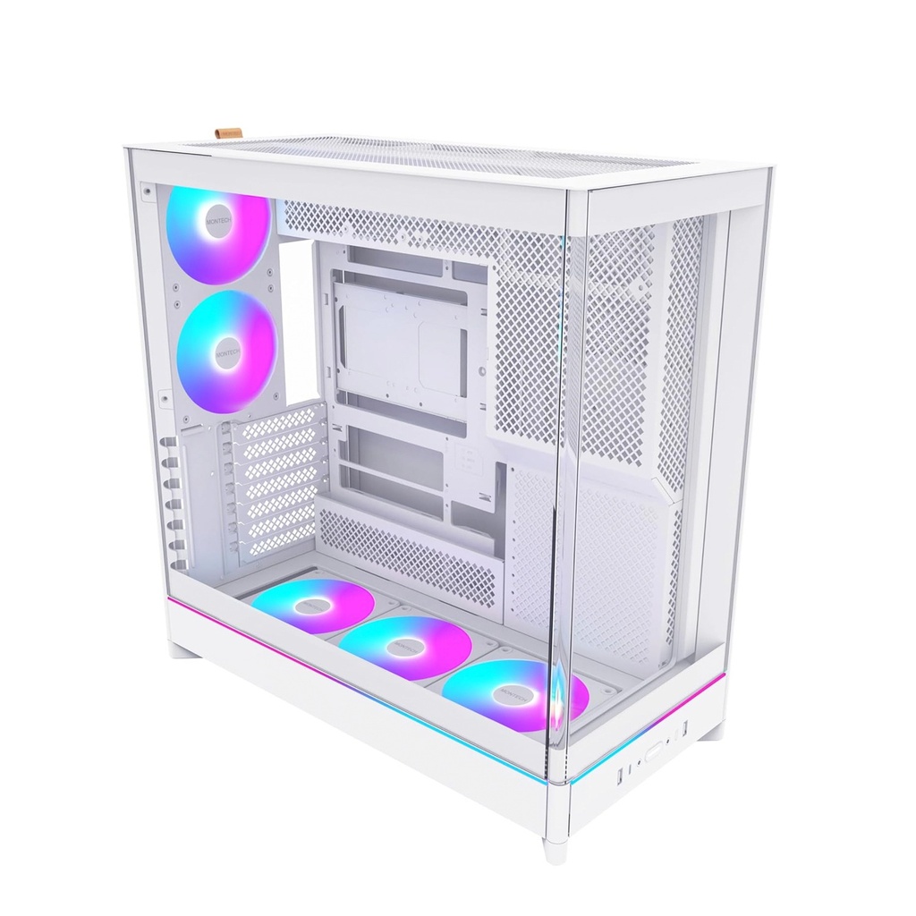 [NS030723] Montech HS02 Pro Mid Tower Two Panel Front & Left Side Tempered Glass Case with 5 ARGB Fans - White