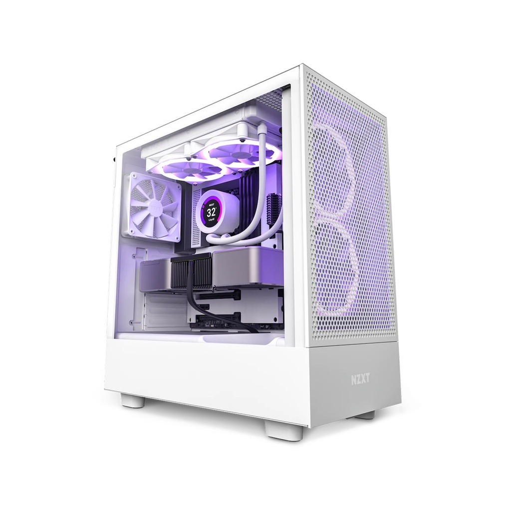 NZXT H5 Flow Compact Air Flow Mid Tower Left Side Tempered Glass Case with (2 Non RGB) Fans - White