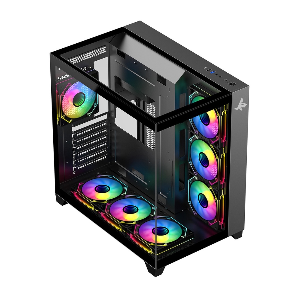 [NS026606] Sharx Profin GX700 Mid Tower Two Side Panel Front & Left Side Tempered Glass with 7 ARGB Fans - Black