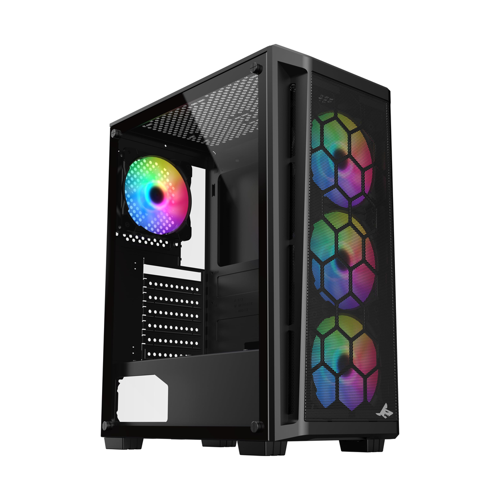 [NS015488] Sharx Razorfin ATX Mid Tower Left Side Tempered Glass Panel Case With 4 RGB Fans - Black