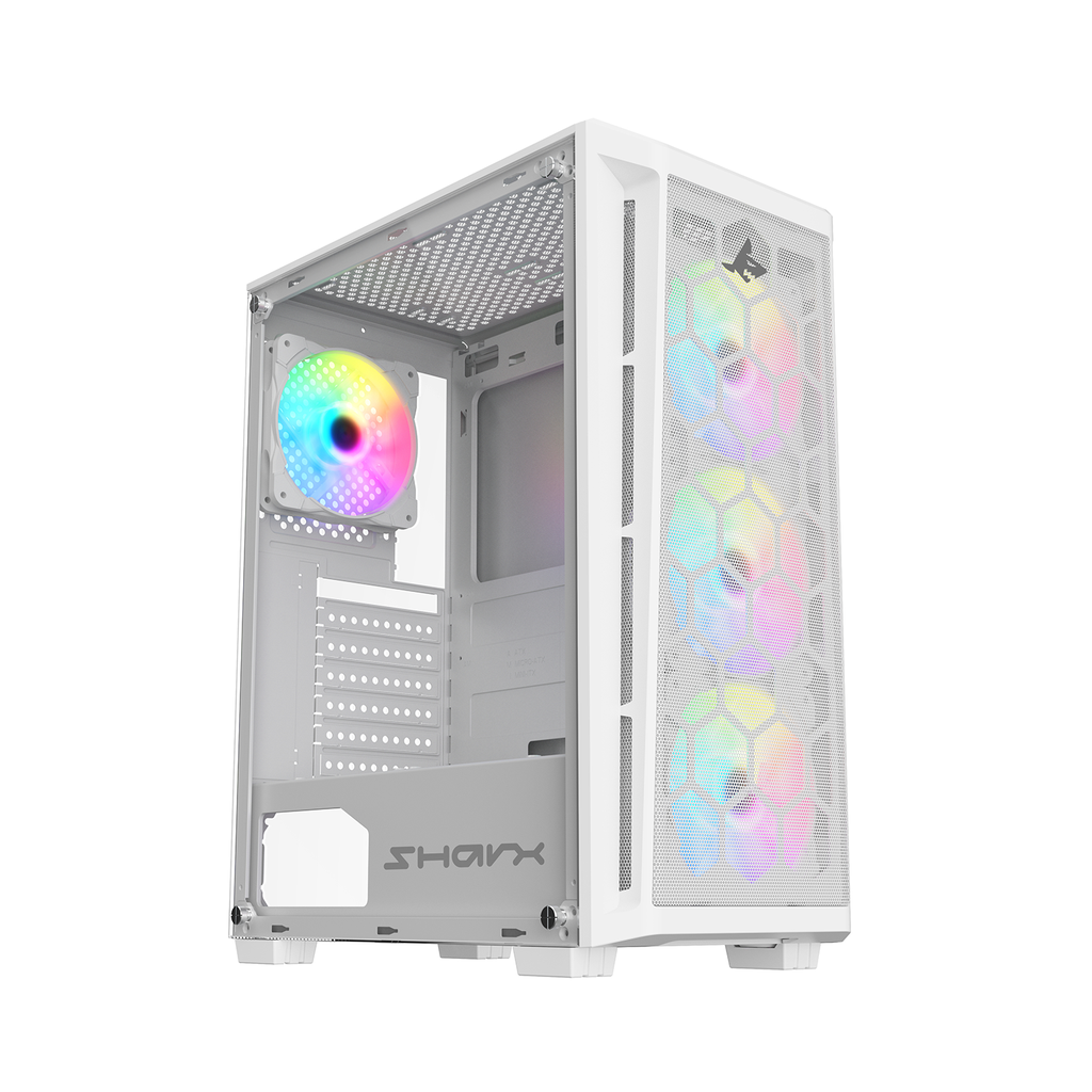Sharx Razorfin R-200 ATX Mid Tower Left Side Tempered Glass Panel Case With 4 RGB Fans - White