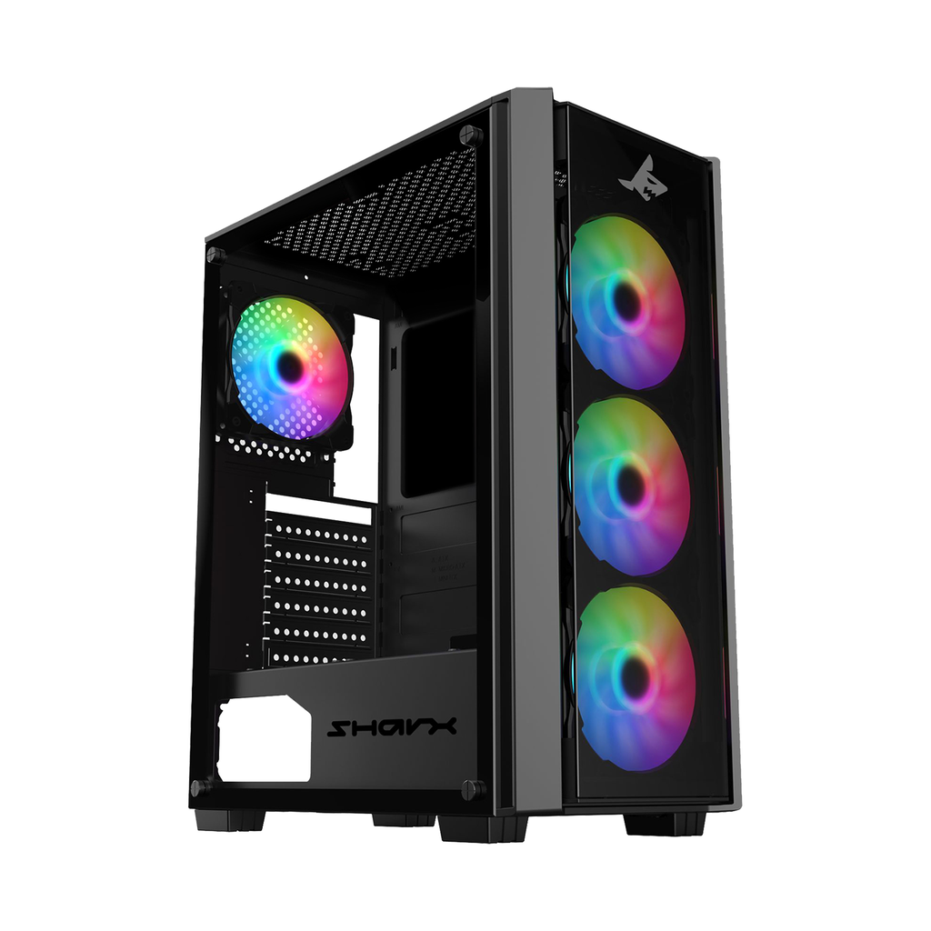 [NS015487] Sharx Striker Mid Tower Two Panel Front & Left Side Tempered Glass Case with 4 RGB Fans - Black