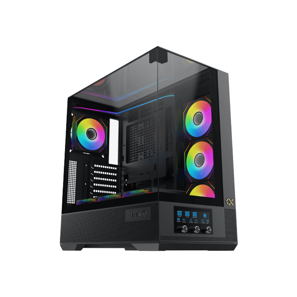 [NS026810] Xigmate Vision Midtower Smart Fan Control LCD Display Panel ATX Front Side & Left Side Tempered Glass Panel Case with 7 ARGB Fans - Black