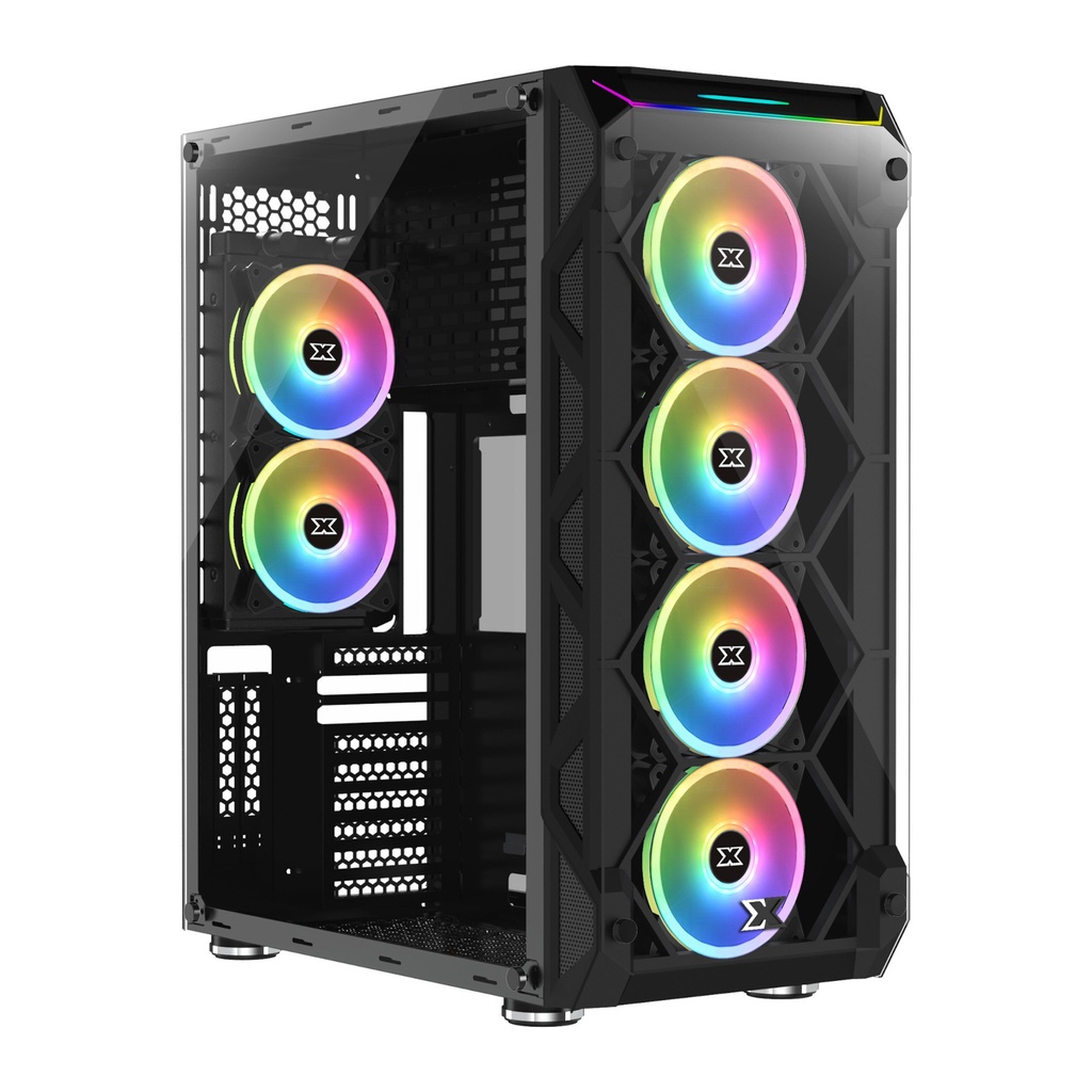 [NS007076] Xigmatek Overtake 3 Side Tempered Glass Panel Case with 6 Rainbow RGB Fans - Black