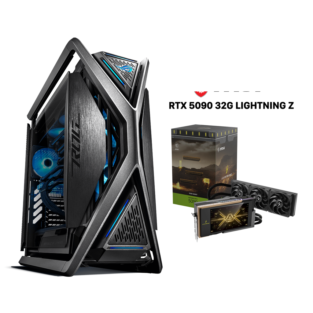[NS033239] Gaming PC AMD Ryzen 9 9950X3D, MSI MEG X870E GodLike D5 Motherboard, 64GB DDR5 6000 RAM, 4TB NVMe Gen5 SSD, MSI RTX 5090 Lightning Z 32GB GDDR7 GPU, MSI MEG Ai1600T 1600W Titanium PSU, NZXT Kraken Elite L360, Hyperion GR701 Case, Windows 11 Pro (License)